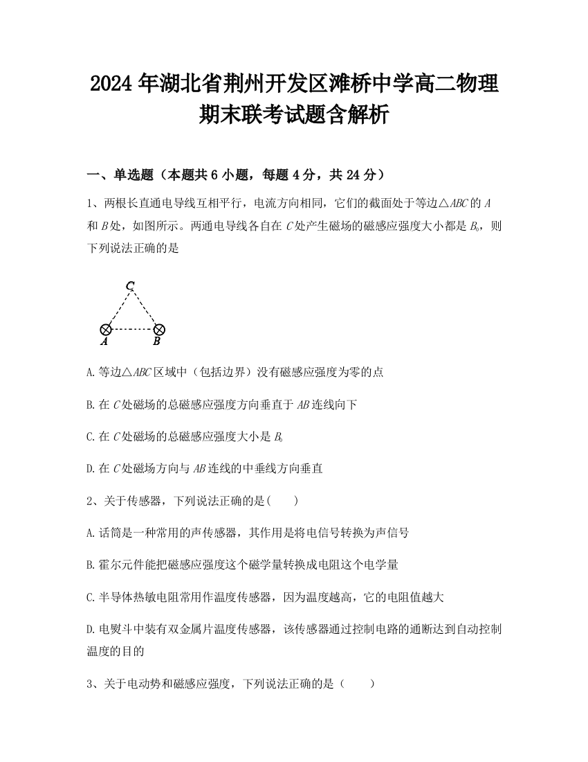 2024年湖北省荆州开发区滩桥中学高二物理期末联考试题含解析