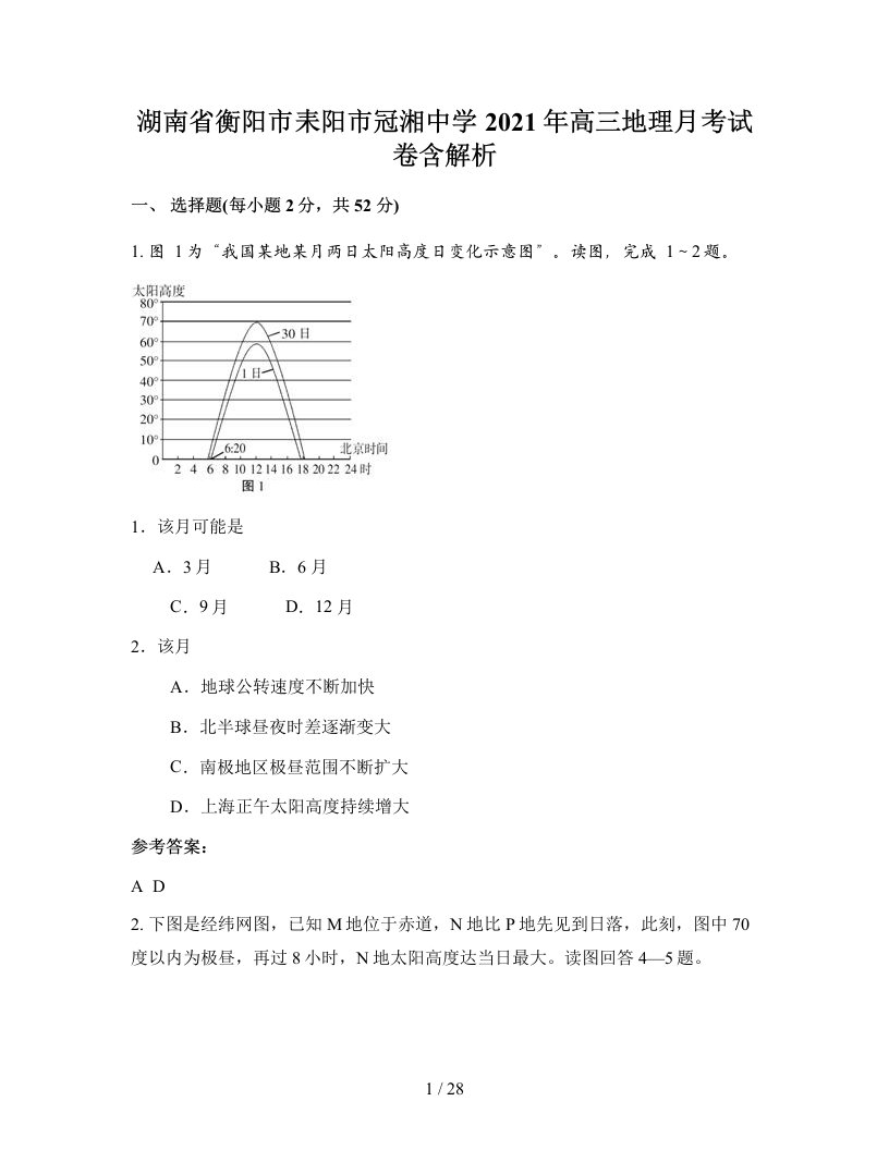 湖南省衡阳市耒阳市冠湘中学2021年高三地理月考试卷含解析