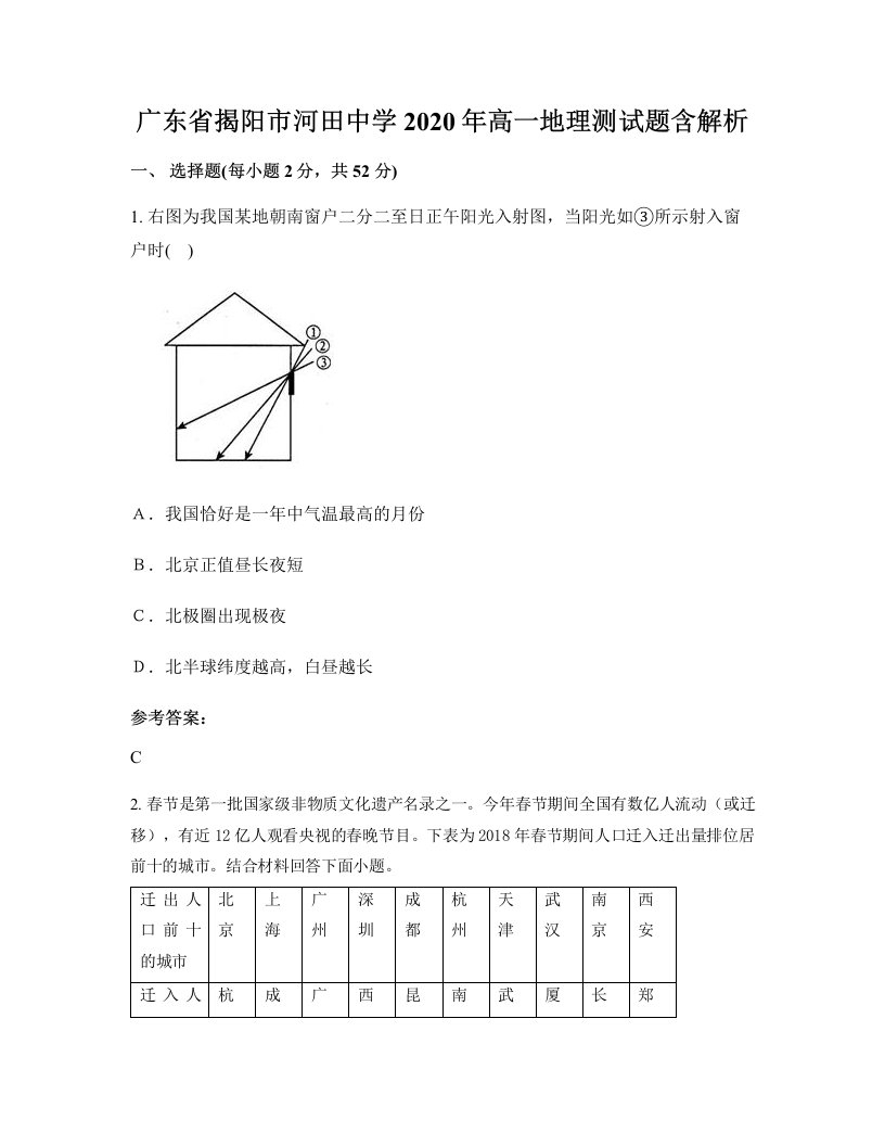 广东省揭阳市河田中学2020年高一地理测试题含解析