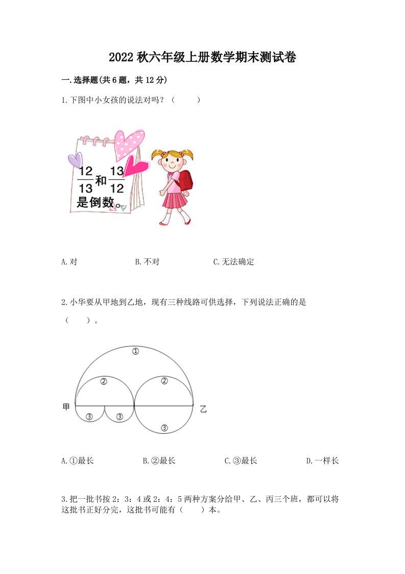 2022秋六年级上册数学期末测试卷含完整答案（各地真题）