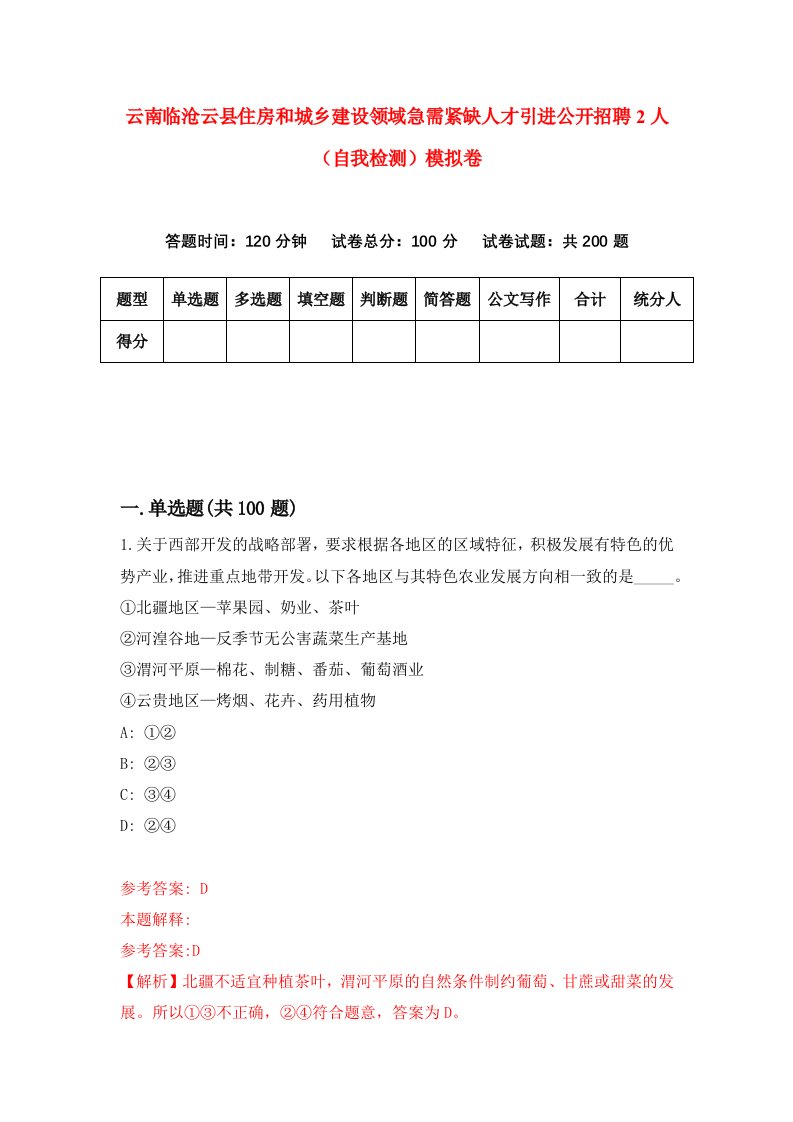 云南临沧云县住房和城乡建设领域急需紧缺人才引进公开招聘2人自我检测模拟卷0