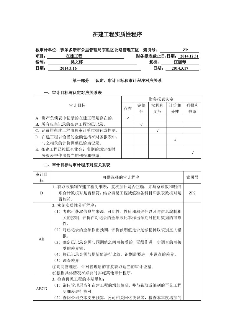 在建工程实质性程序