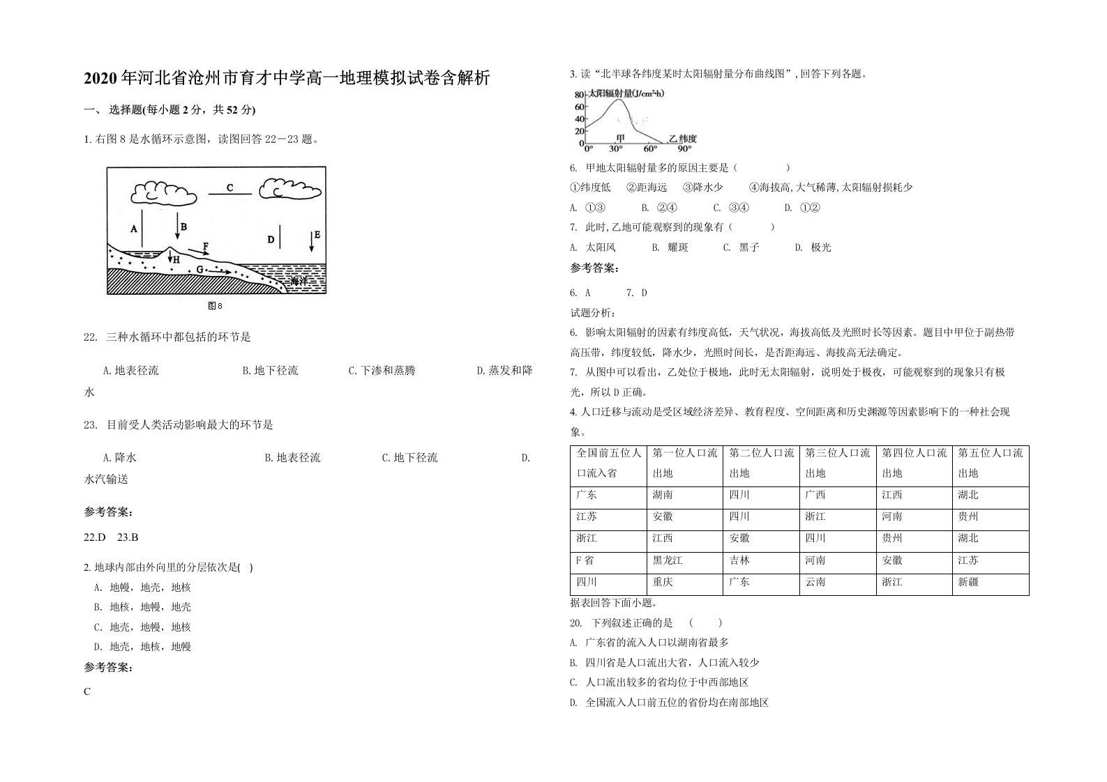 2020年河北省沧州市育才中学高一地理模拟试卷含解析