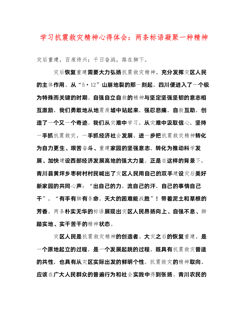 精编学习抗震救灾精神心得体会两条标语凝聚一种精神