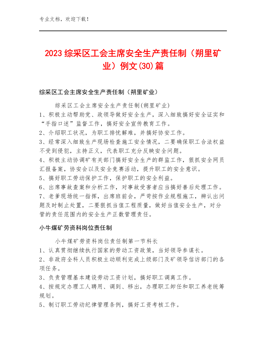 2023综采区工会主席安全生产责任制（朔里矿业）例文(30)篇