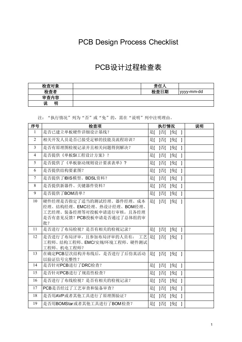 华为PCB设计评审要素表