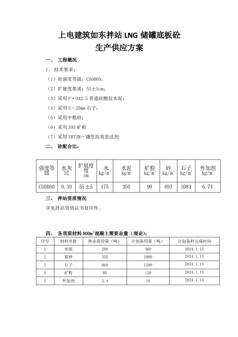 建筑如东拌站LNG储罐底板砼生产供应方案