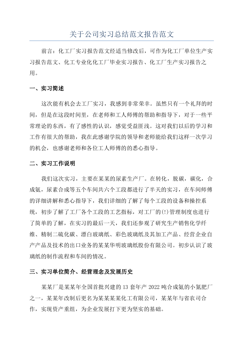 关于公司实习总结范文报告范文