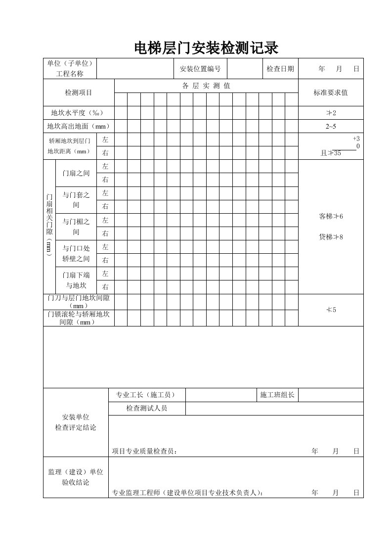 电梯安装工程各种检测记录表格