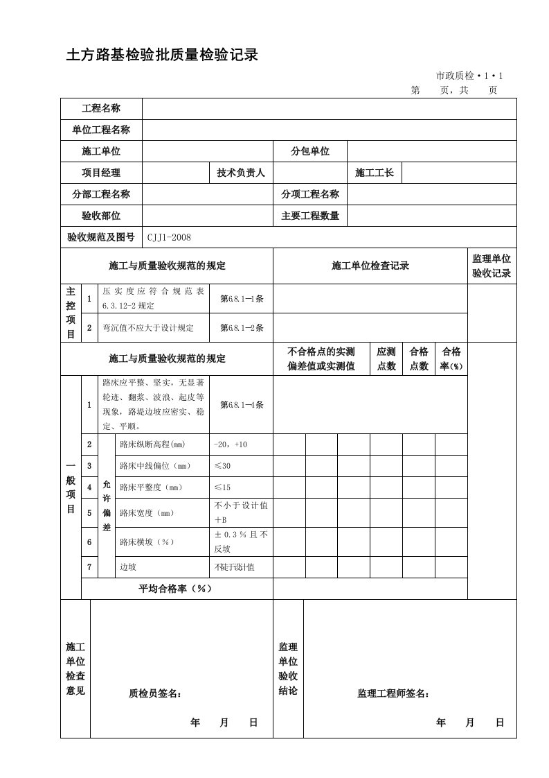 城镇道路工程施工与质量验收规范CJJ1-2008检验批表格