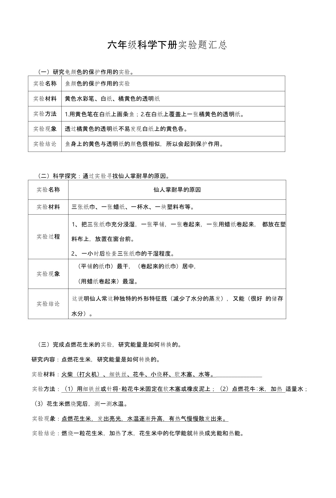 苏教版小学六年级科学下册实验题汇总修改完成