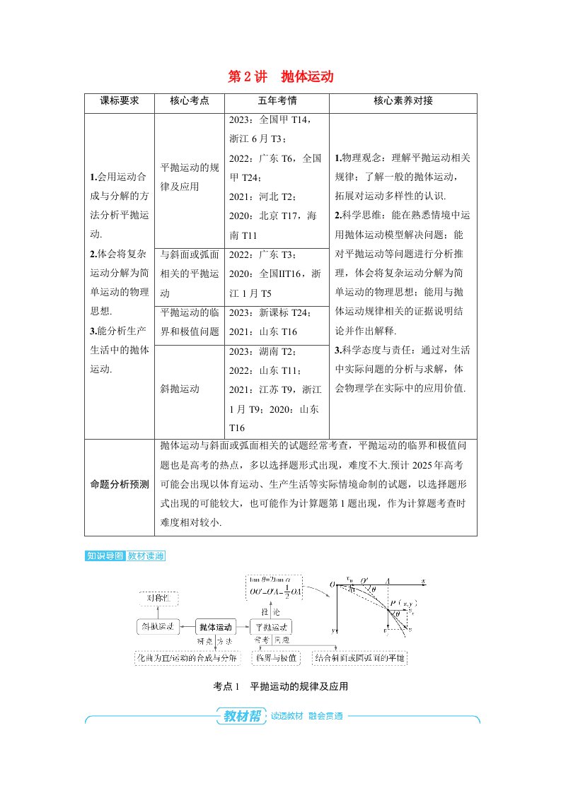 备考2024届高考物理一轮复习讲义第四章曲线运动第2讲抛体运动考点1平抛运动的规律及应用