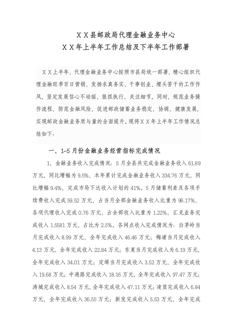 邮政代理金融业务中心上半年工作小结及下半年工作思路