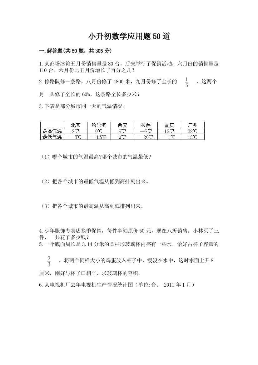 小升初数学应用题50道及参考答案【达标题】