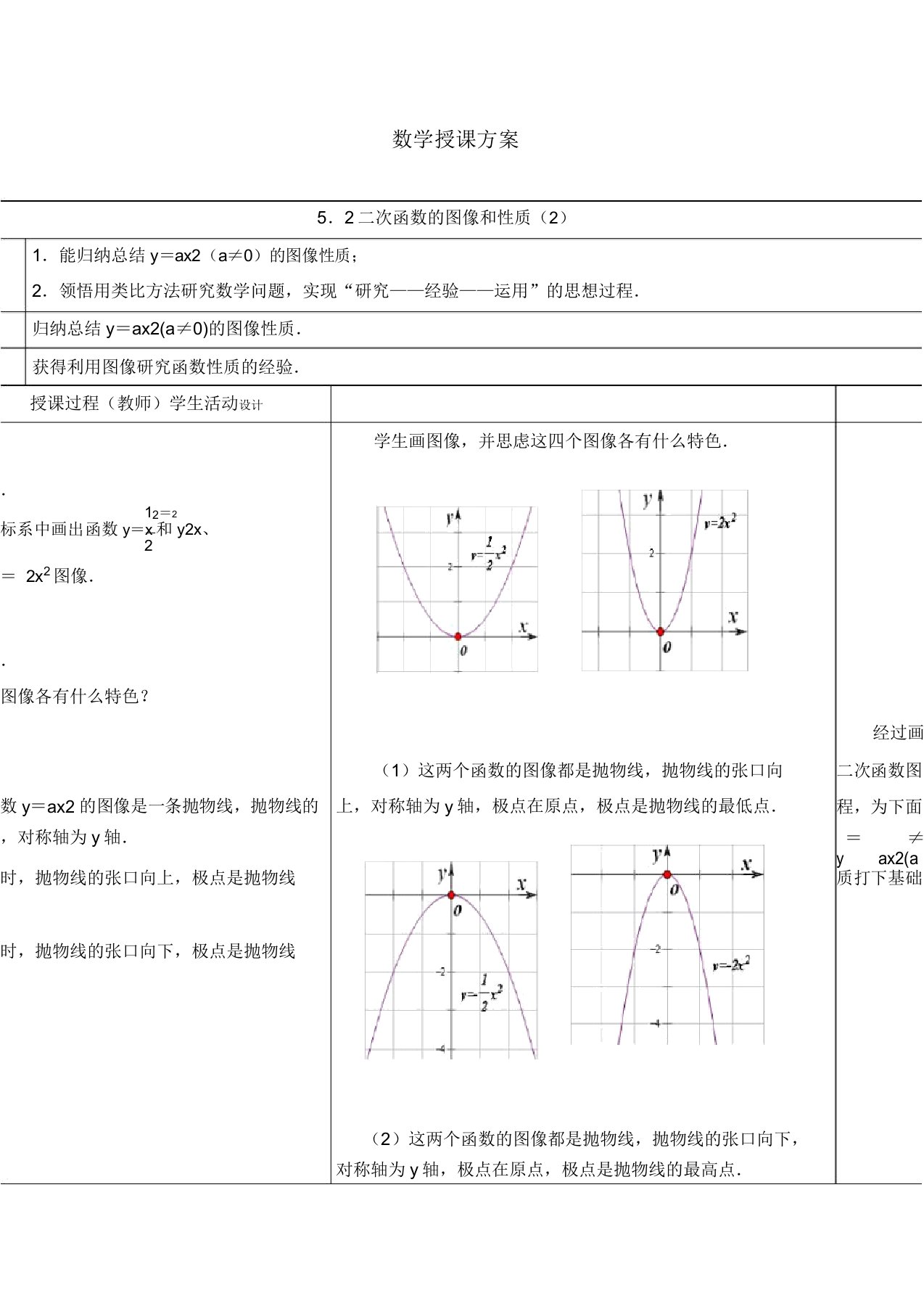 新苏科版九年级数学下册《5章二次函数52二次函数的图像和性质y=ax^2的图像》教案17