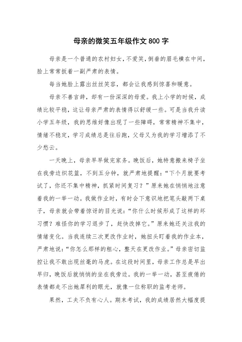 母亲的微笑五年级作文800字