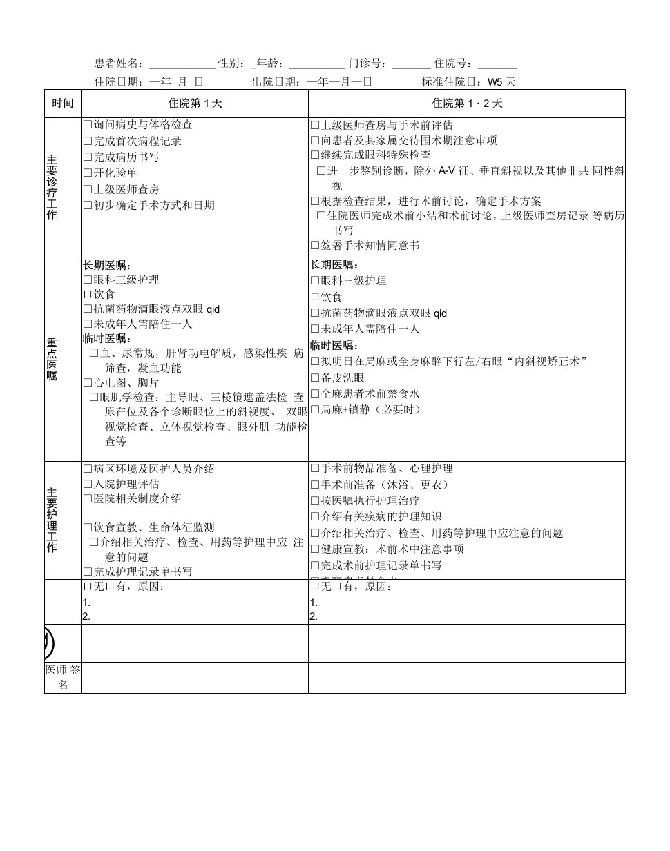 部分调节性内斜视临床路径治疗记录登记表