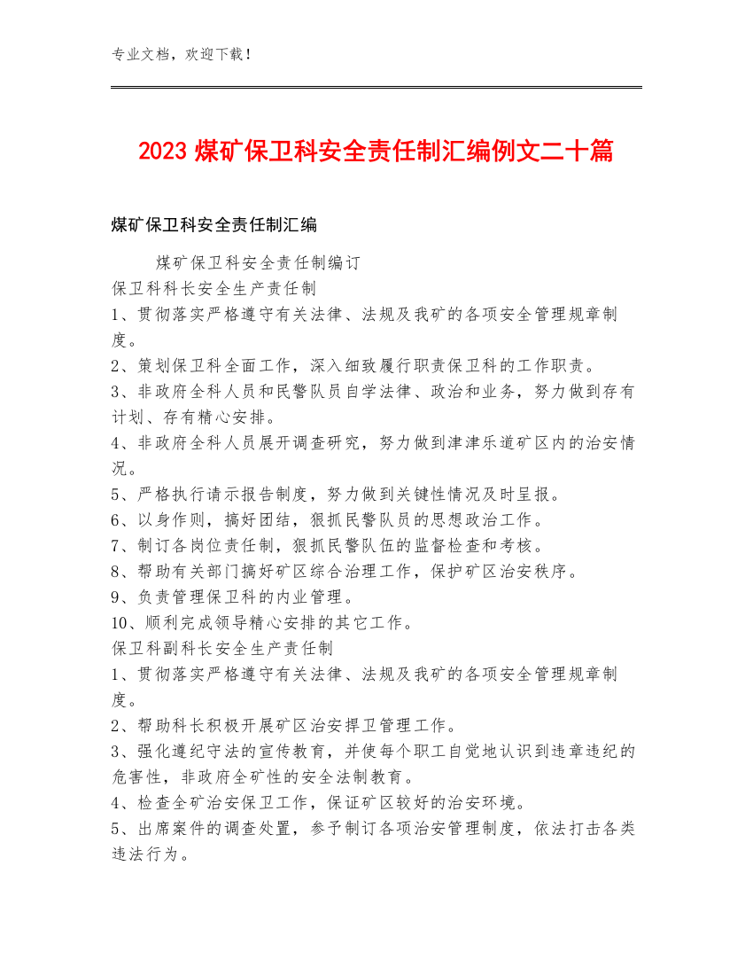 2023煤矿保卫科安全责任制汇编例文二十篇