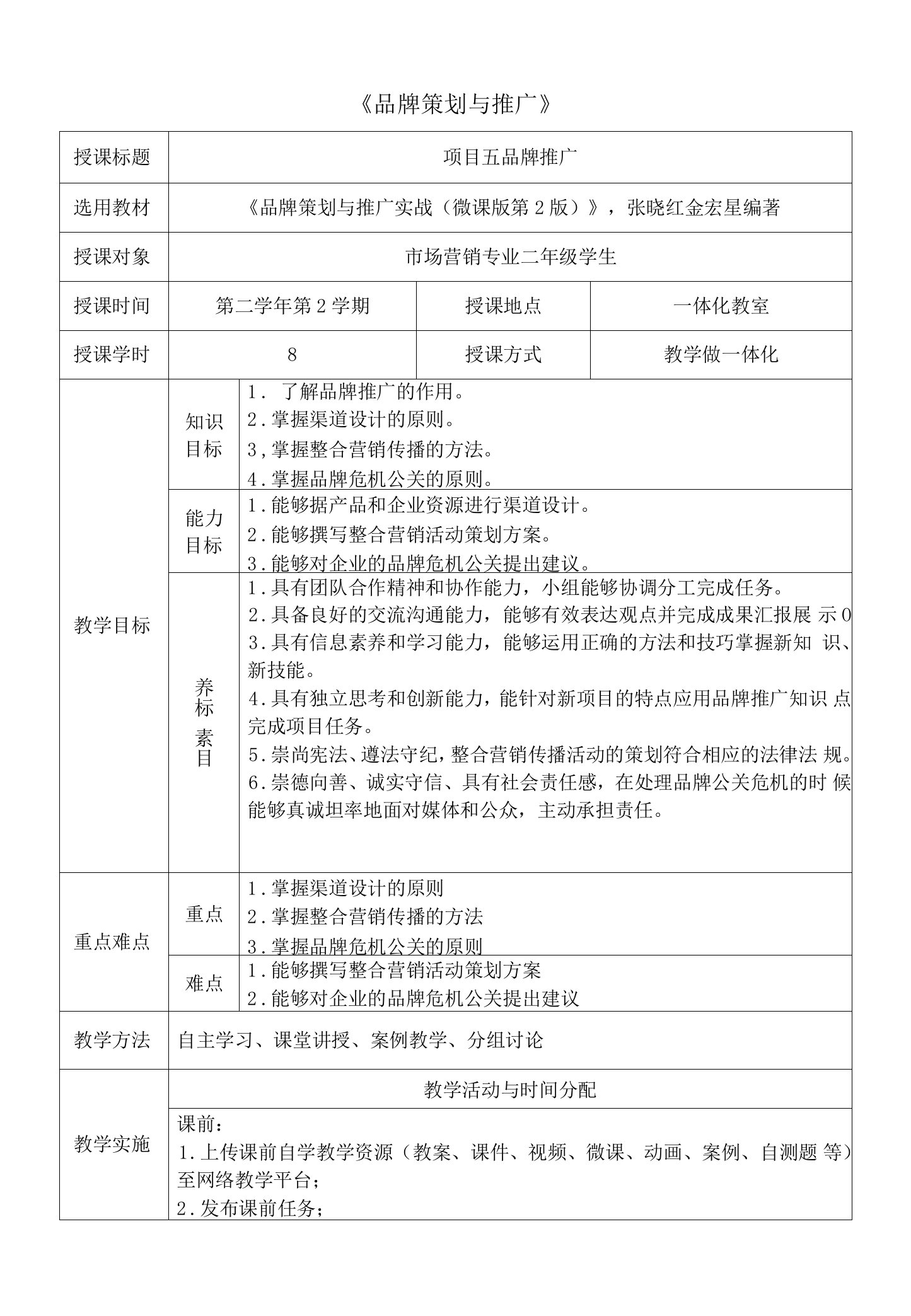 品牌策划与推广教案-项目5-品牌推广