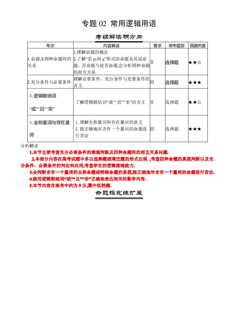 全国统考历年真题解析三年高考数学(理)真题分类解析专题02-常用逻辑用语