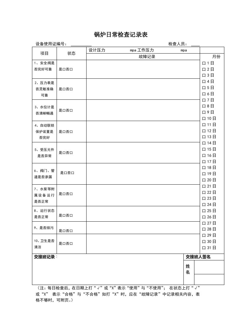 锅炉日常检查记录表