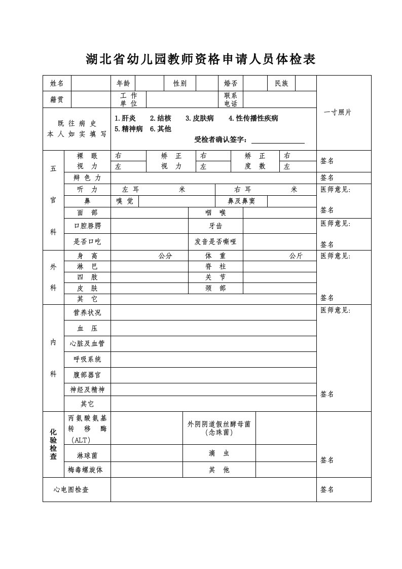 附件湖北幼儿园教师资格申请人员体检表