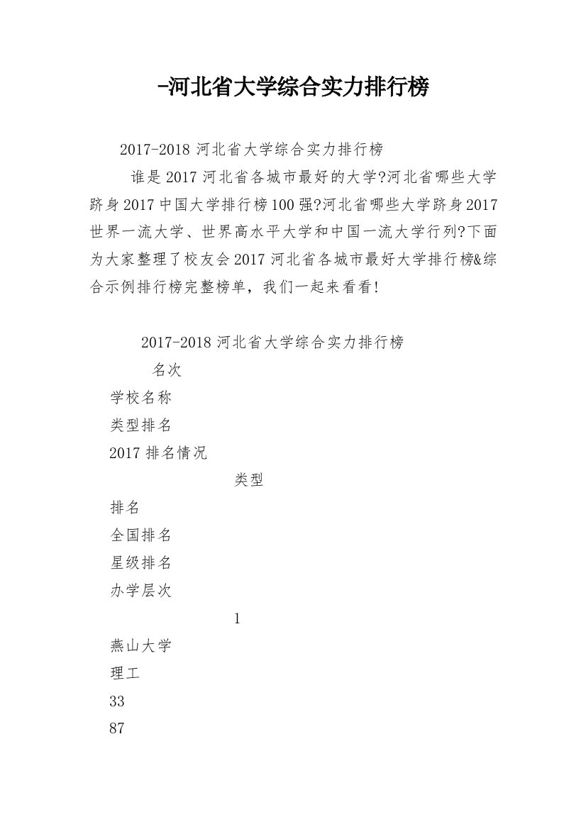 -河北省大学综合实力排行榜