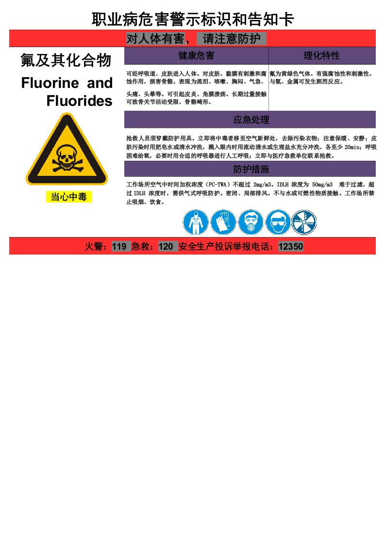 氟及其化合物职业病危害告知卡