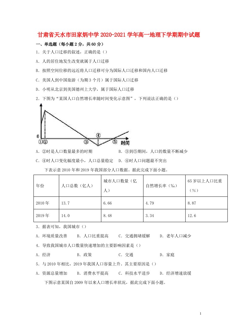 甘肃省天水市田家炳中学2020_2021学年高一地理下学期期中试题202105140238