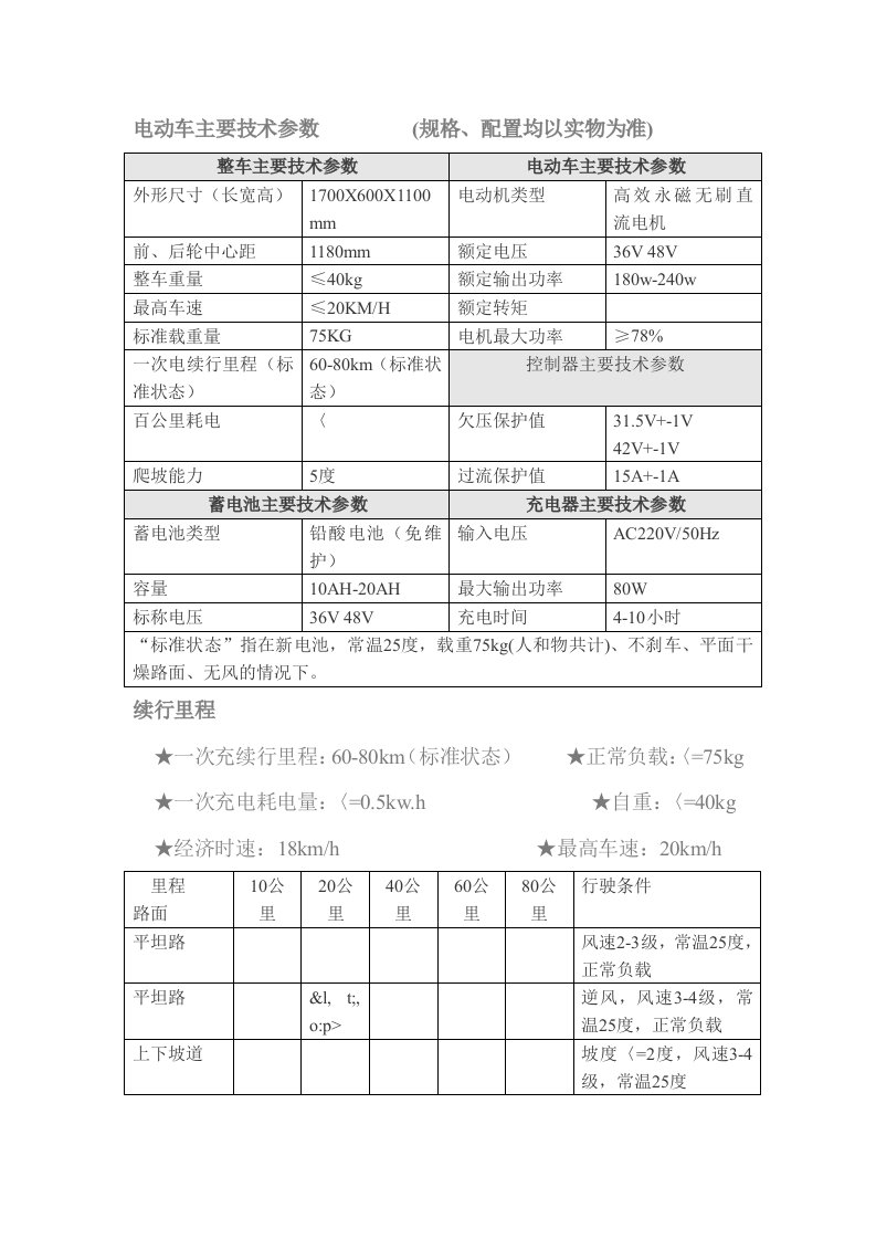 电动车主要技术参数