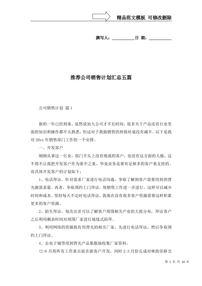 推荐公司销售计划汇总五篇