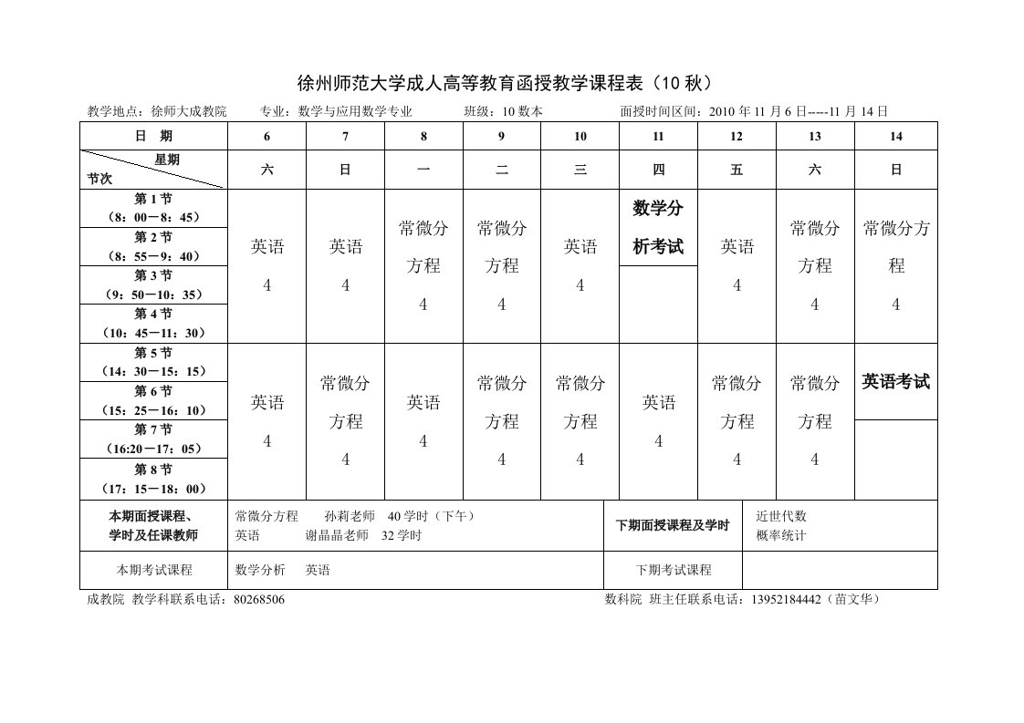 徐州师范大学成人高等教育函授教学课程表(10秋)