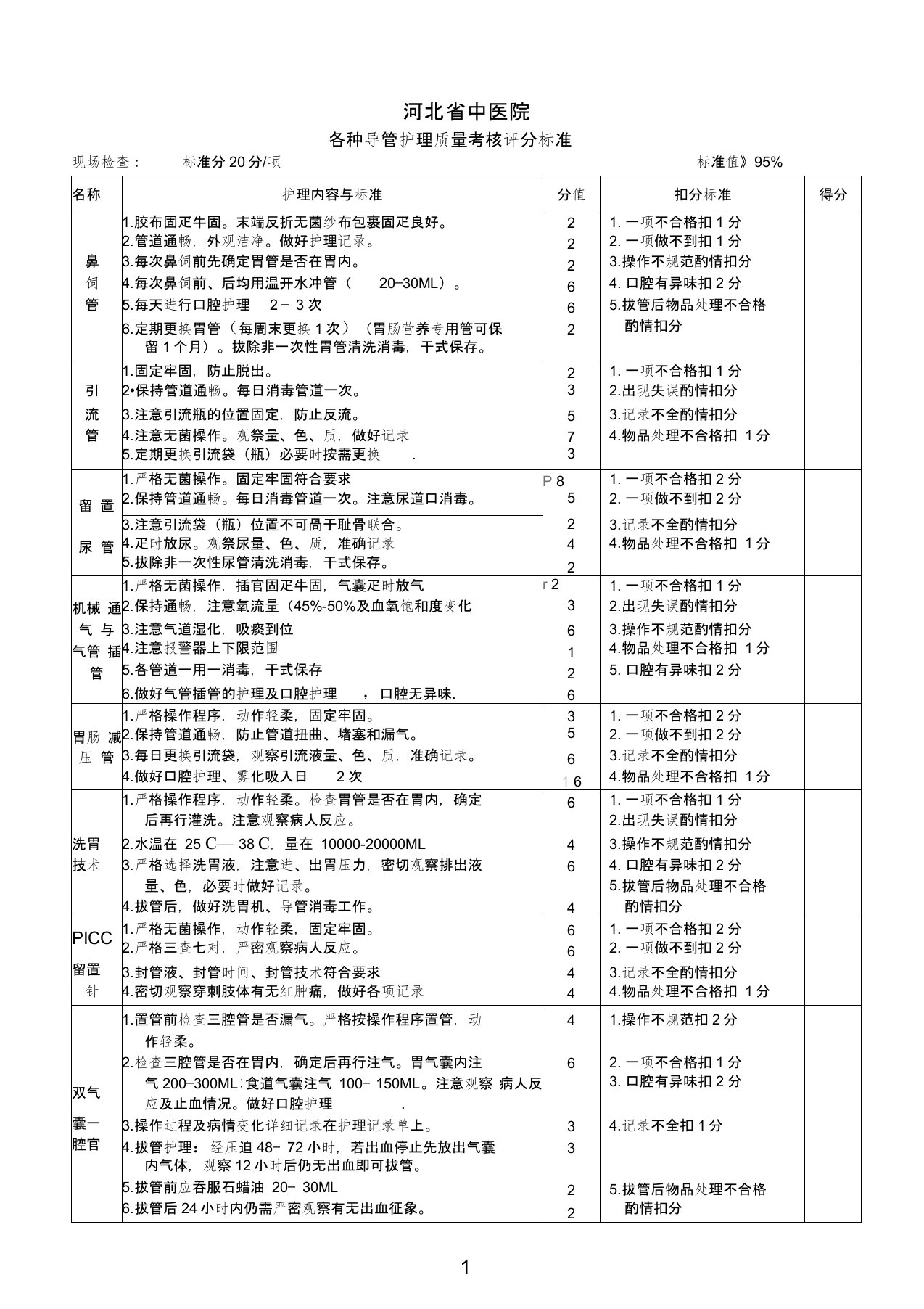 各种管道护理评分标准