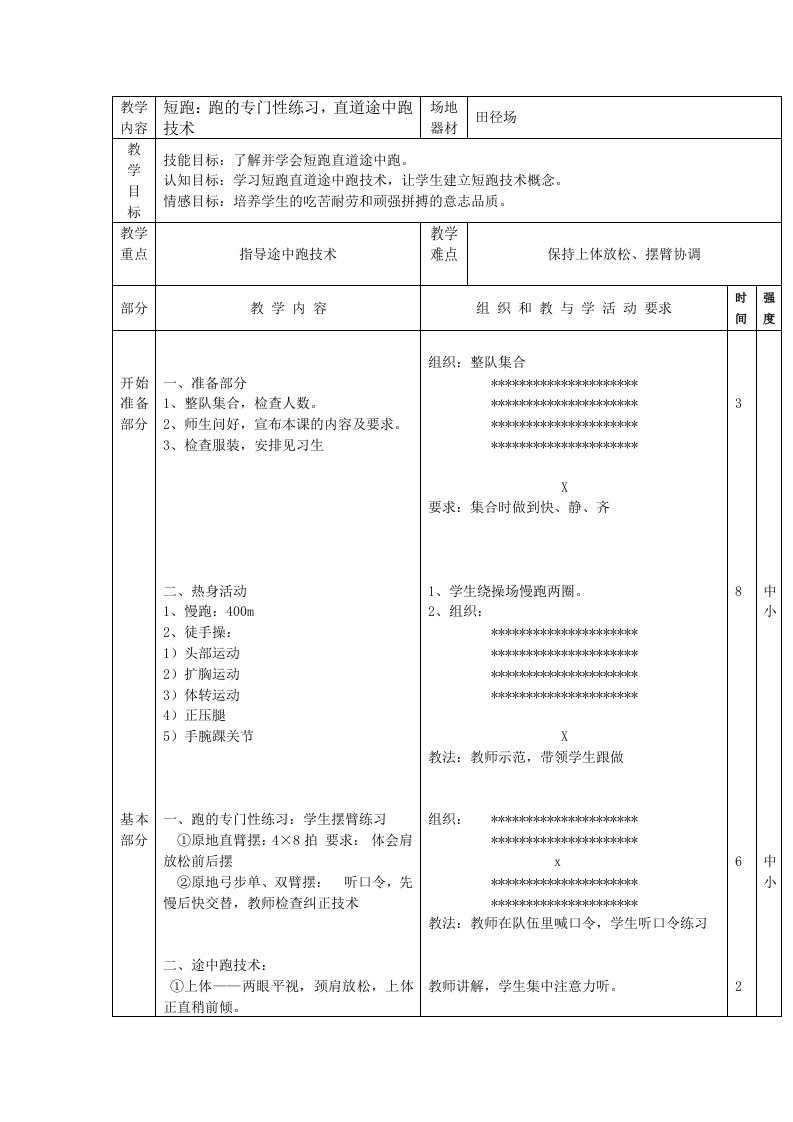 短跑直道途中跑技术教案（精选）