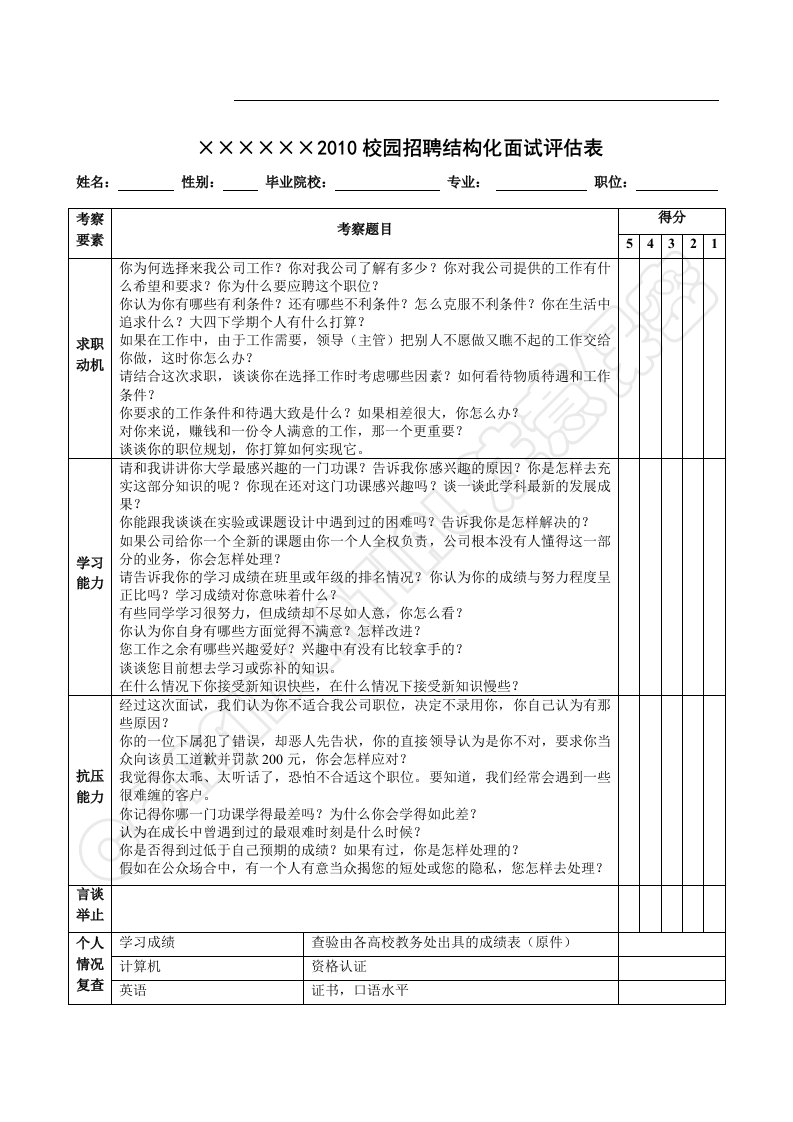 结构化面试评估表及评分标准