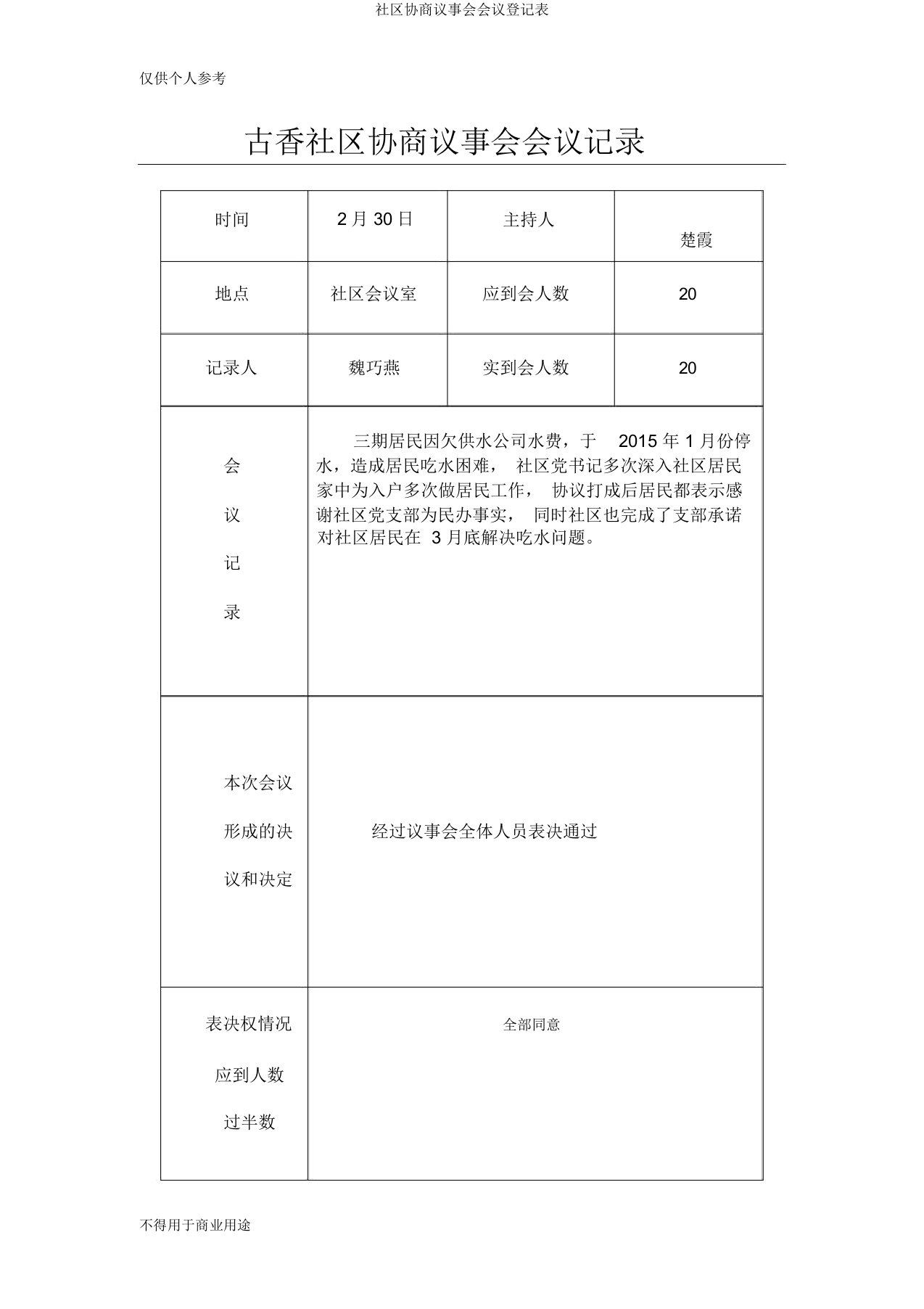 社区协商议事会会议登记表