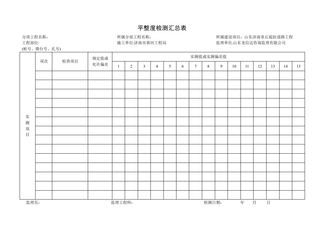 分项工程质量检验数据汇总表