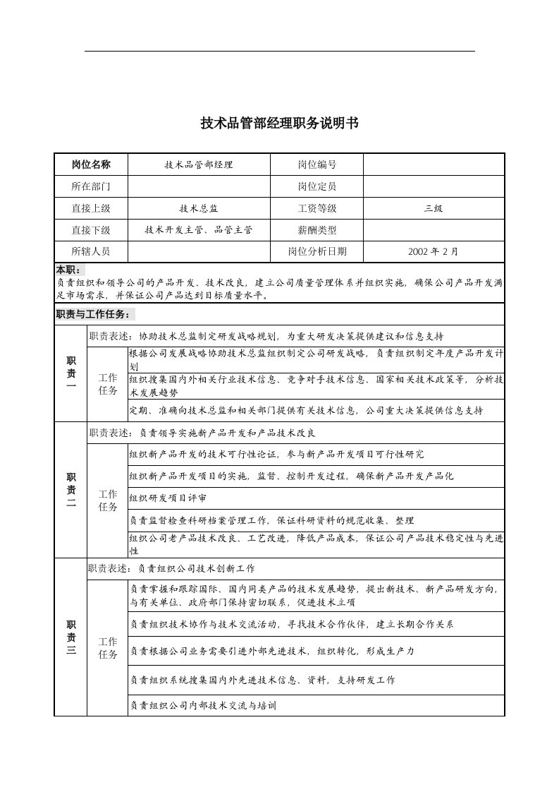 【管理精品】技术品管部经理职务说明书