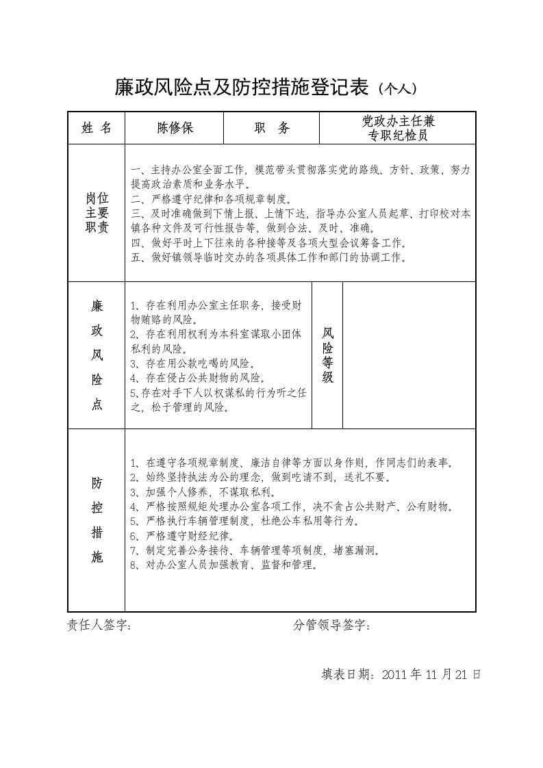 廉政风险点及防控措施登记表