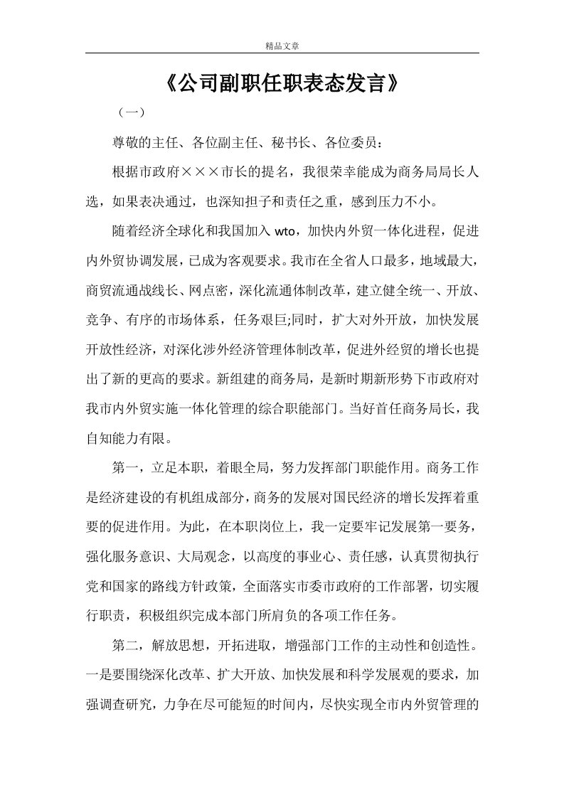 《公司副职任职表态发言》