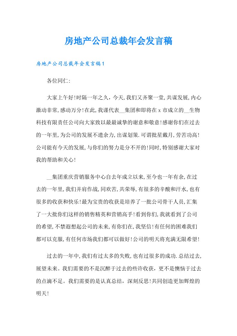 房地产公司总裁年会发言稿