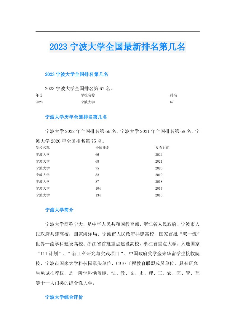 宁波大学全国最新排名第几名