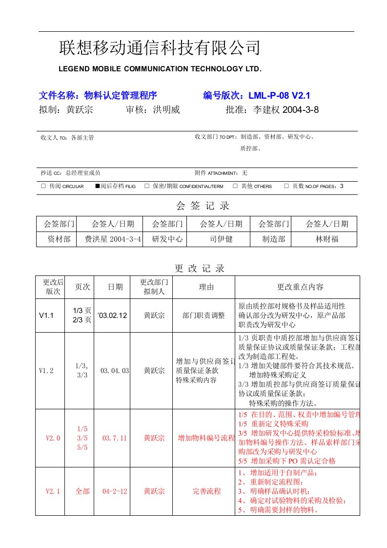 精选P-08物料认定管理程序V211