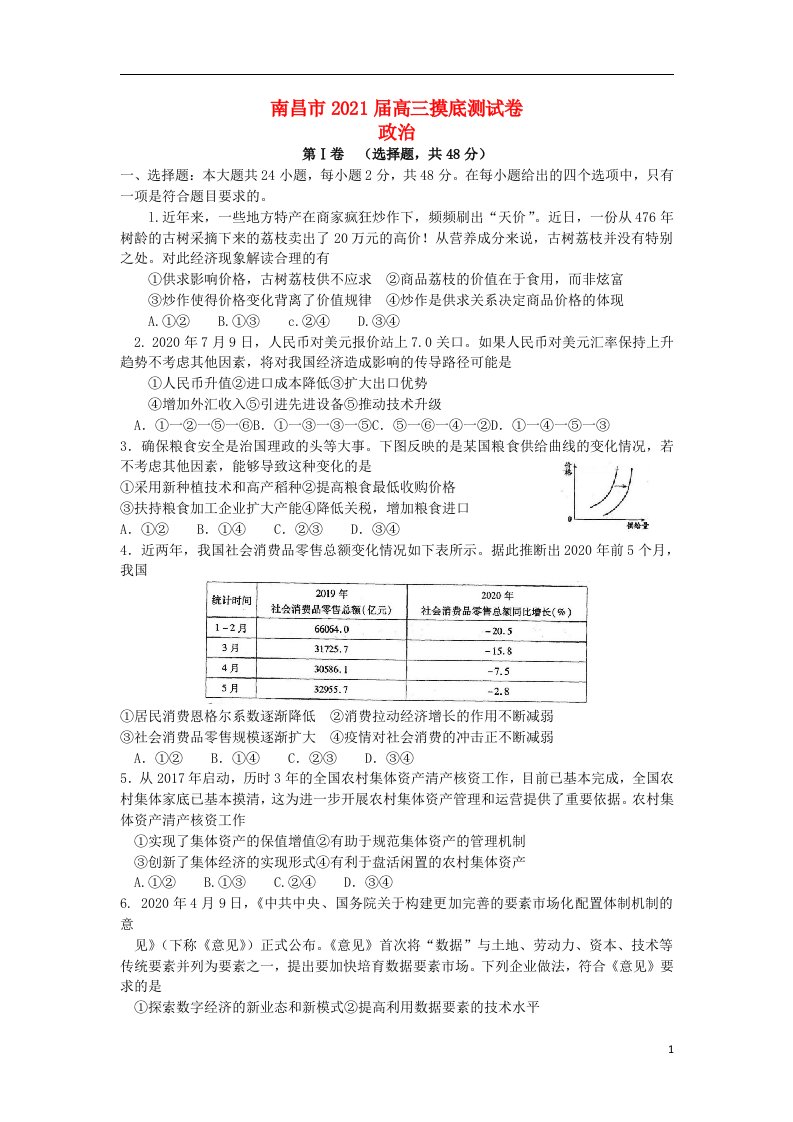 江西省南昌市2021届高三政治摸底测试试题