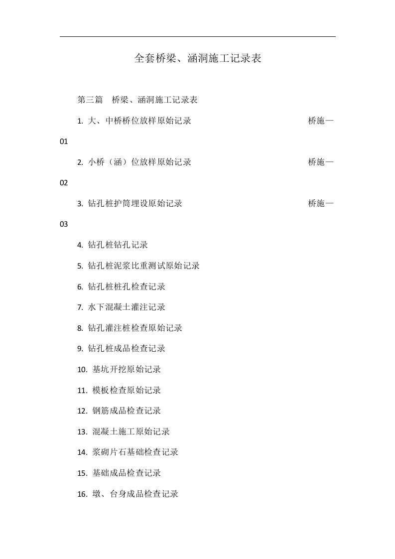 全套桥梁、涵洞施工记录表