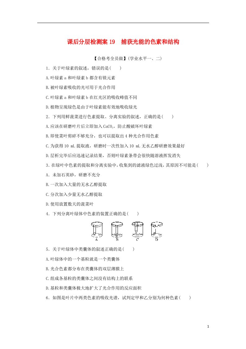 2022_2023学年新教材高中生物课后分层检测案19捕获光能的色素和结构新人教版必修1