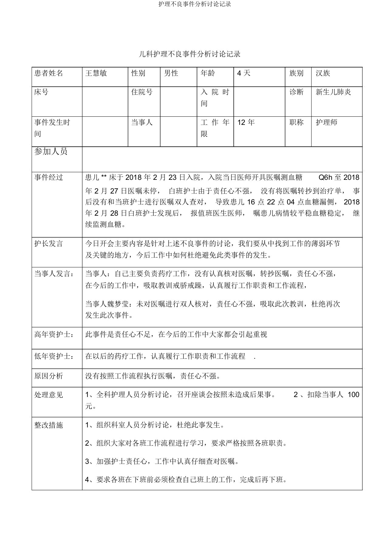 护理不良事件分析讨论记录