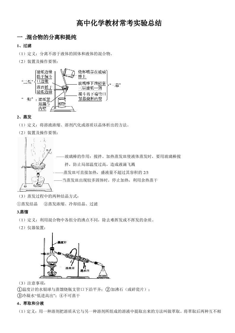 高中化学教材实验总结