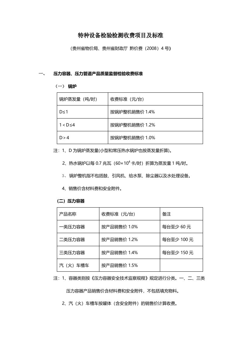 特种设备检验检测收费项目及标准