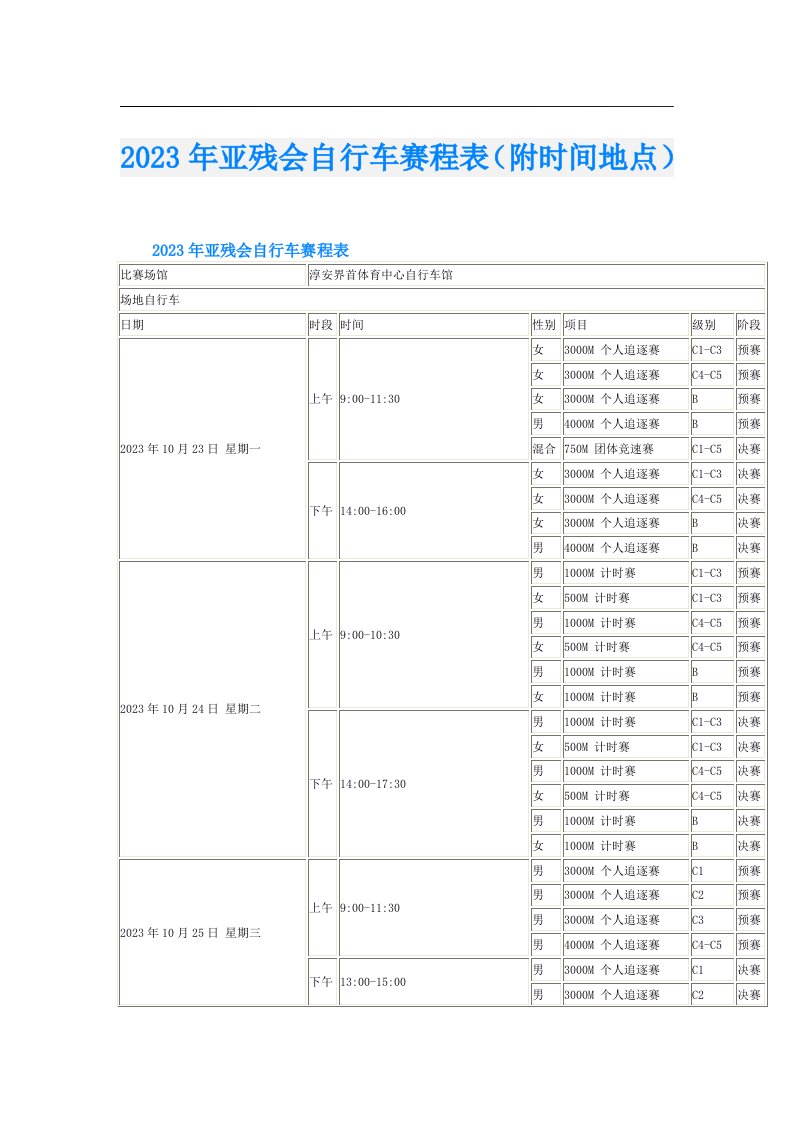 亚残会自行车赛程表（附时间地点）